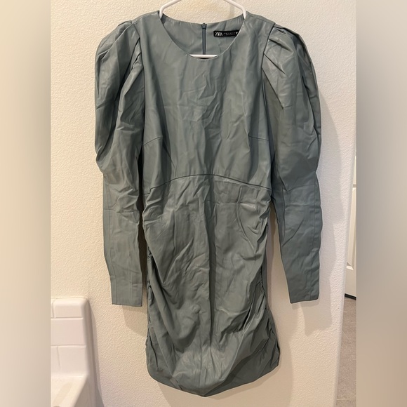 ZARA mint green leather puff sleeve dress - Picture 9 of 12